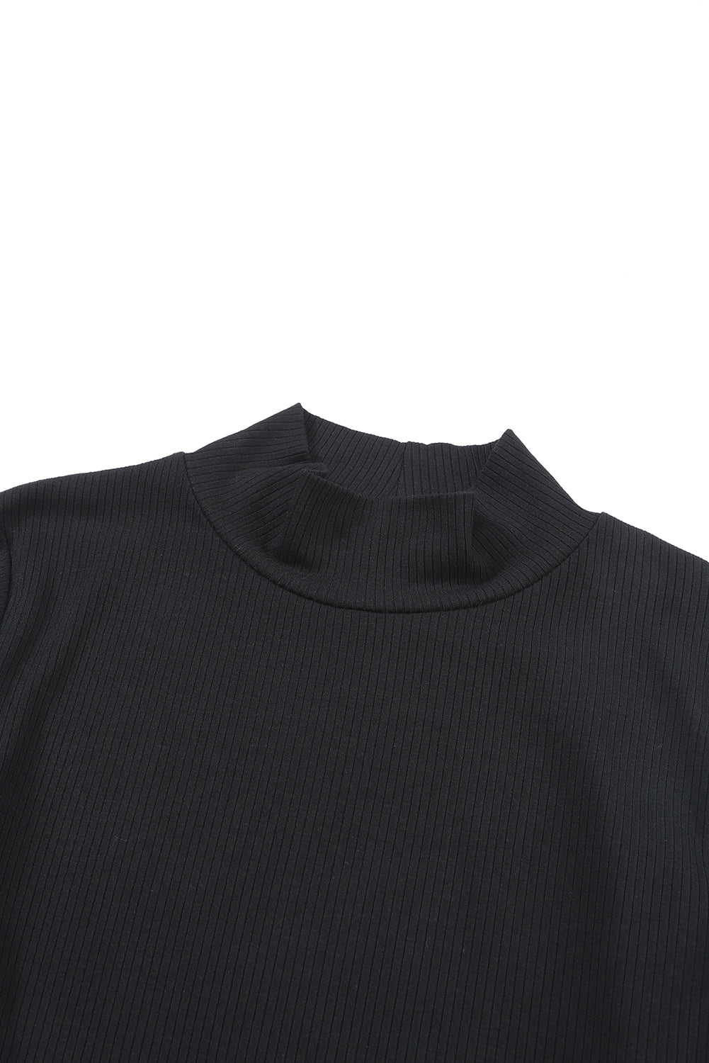 Black Plain Solid Color Ribbed Long Sleeve Mock Neck Top