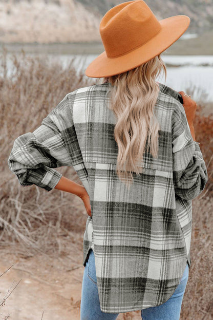 Grey Plaid Button Up Collared Flannel Shacket