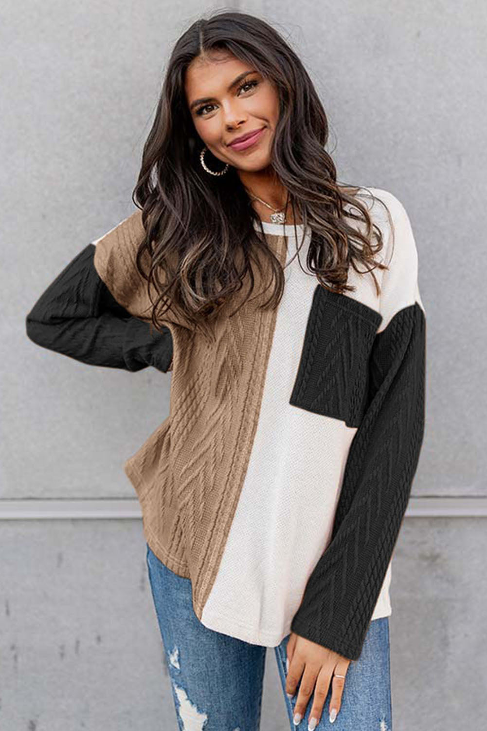 Black Long Sleeve Colorblock Chest Pocket Textured Knit Top