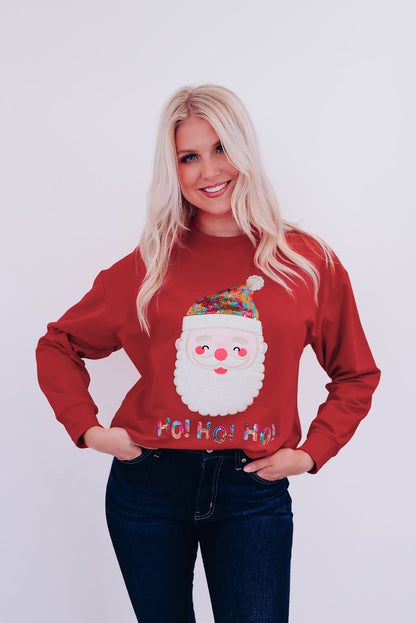 Pink HO HO HO Sequined Santa Claus Graphic Sweatshirt