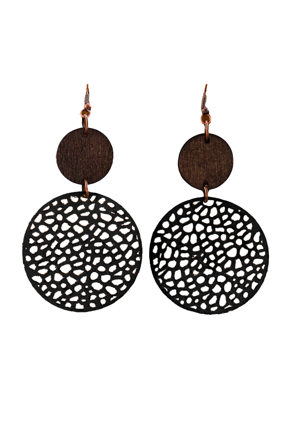 Beige Hollow Out Wooden Round Drop Earrings