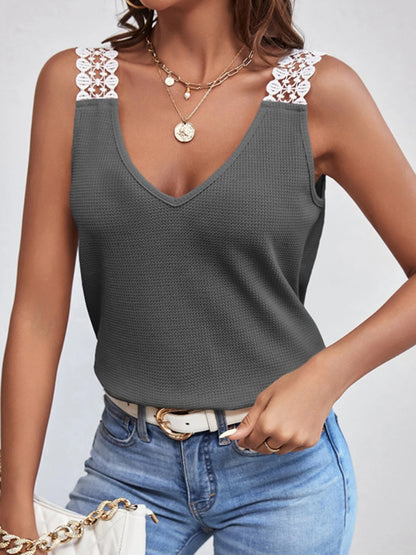 Lace Detail Waffle-Knit V-Neck Tank