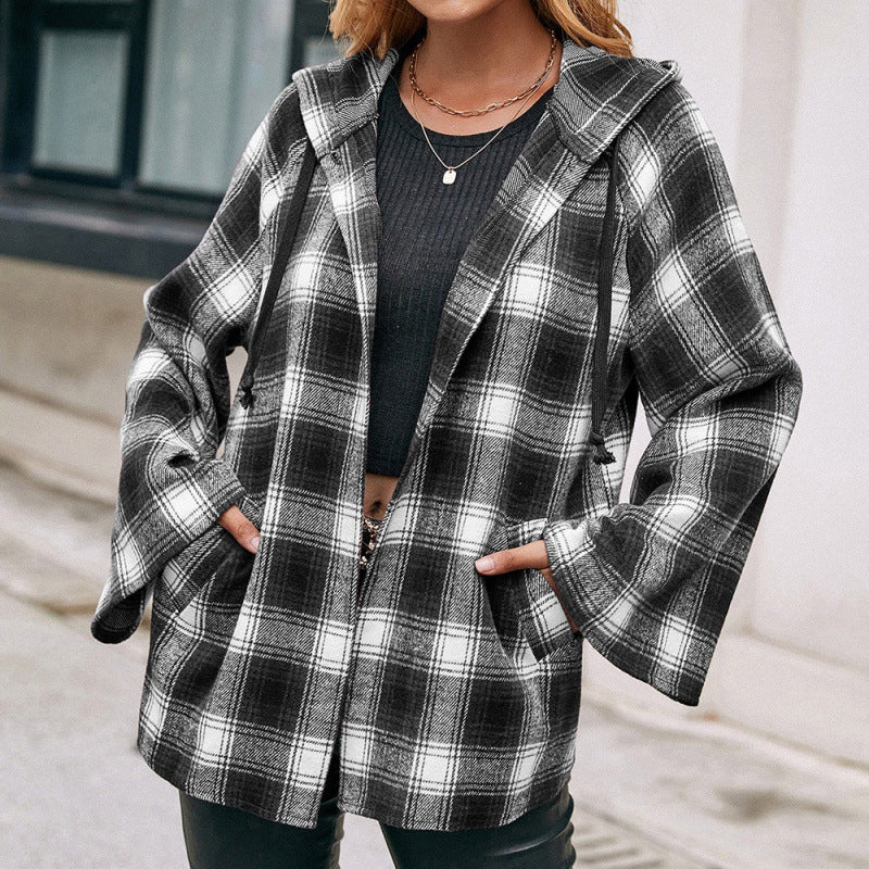 Casual Hooded Cardigan Plaid Shirt Loose Plaid Trench Coat Top