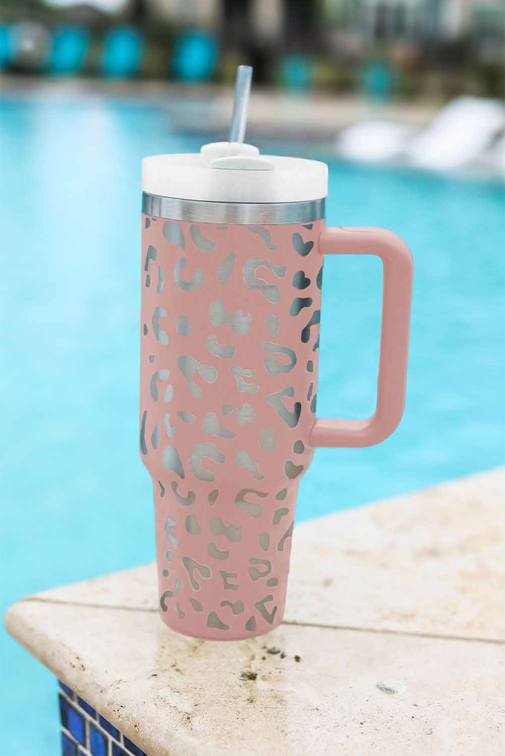 White 40oz Stainless Steel Portable Leopard Tumbler Mug With Handle