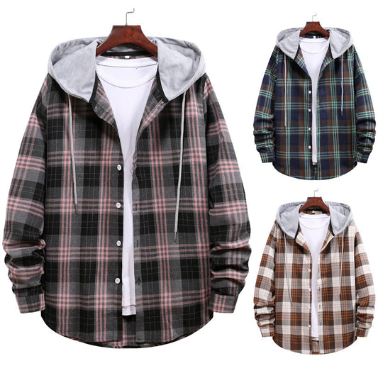 Men's Hooded Plaid Shirt Jacket Gray Plaid Long-sleeved Shirt