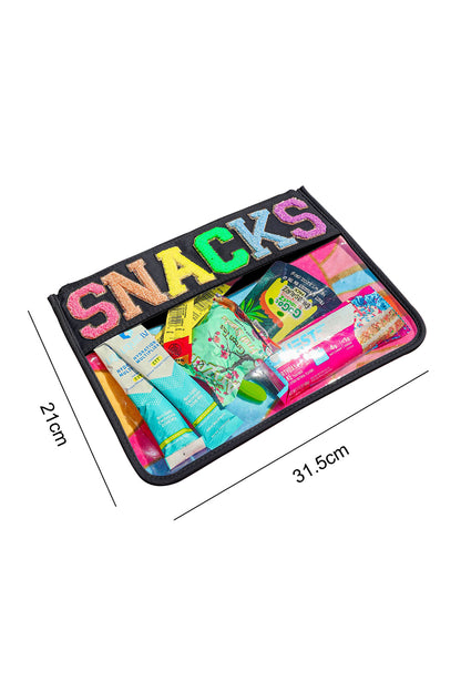 White SNACKS Chenille Letters Zipped Clear Pouch