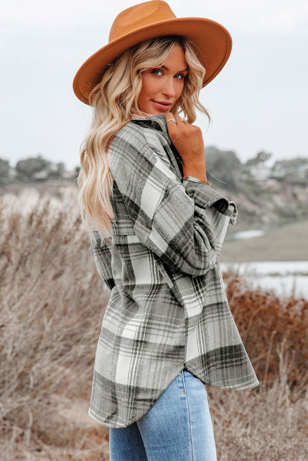 Grey Plaid Button Up Collared Flannel Shacket