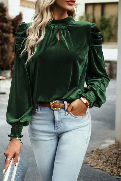 Green Keyhole Neck Puff Sleeve Velvet Blouse