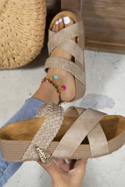 Brown Braided Detail Criss Cross Platform Sandals