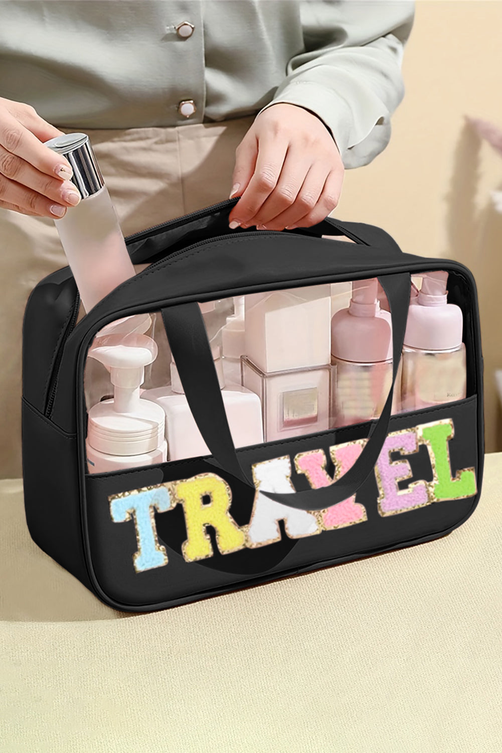 Pink Purple TRAVEL Chenille Letter Clear PVC Makeup Bag