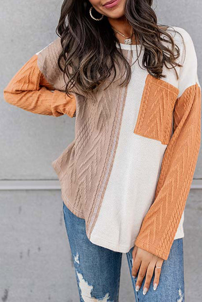 Black Long Sleeve Colorblock Chest Pocket Textured Knit Top