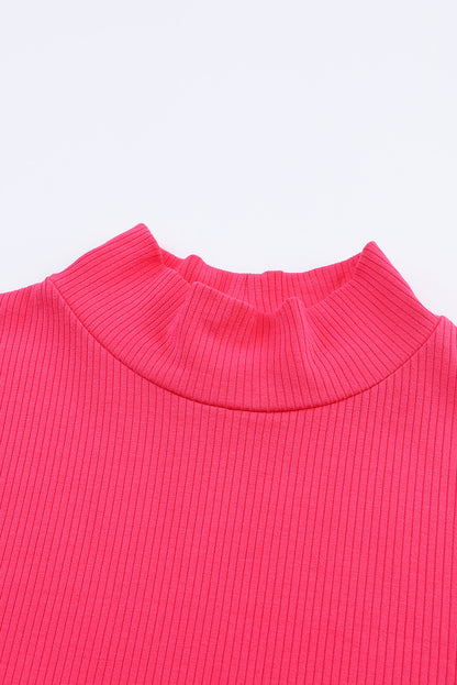 Black Plain Solid Color Ribbed Long Sleeve Mock Neck Top