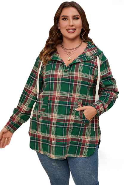 Red Plus Size Plaid Kangaroo Pocket Drawstring Hoodie