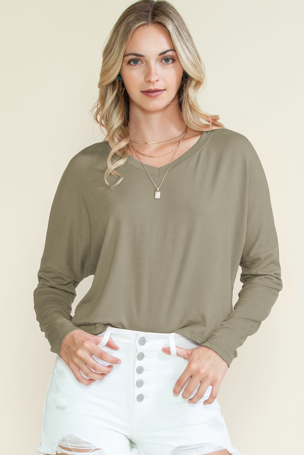 Green Plain Loose V Neck Dropped Long Sleeve Top