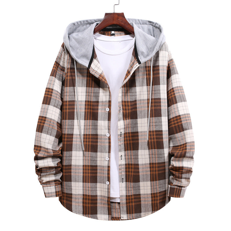 Men's Hooded Plaid Shirt Jacket Gray Plaid Long-sleeved Shirt