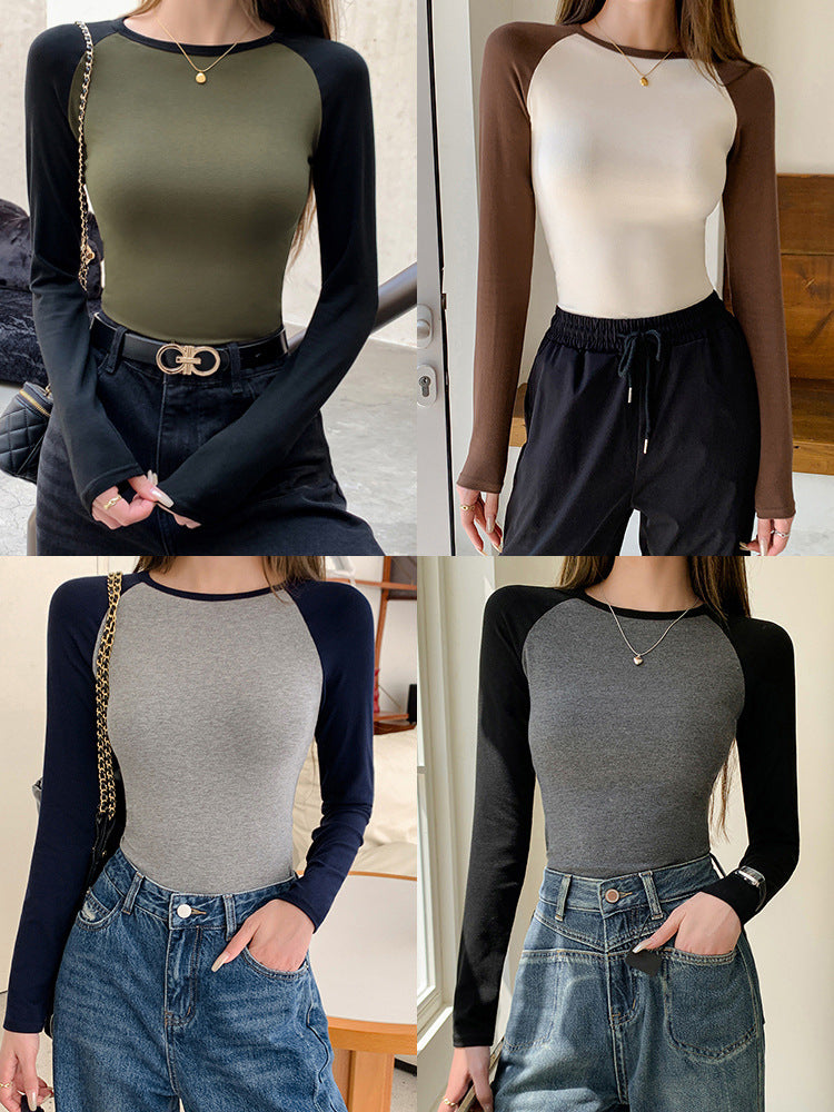 Undershirt Early Autumn Long Sleeves T-shirt Women's Contrast Color Slim Fit Inner Wear