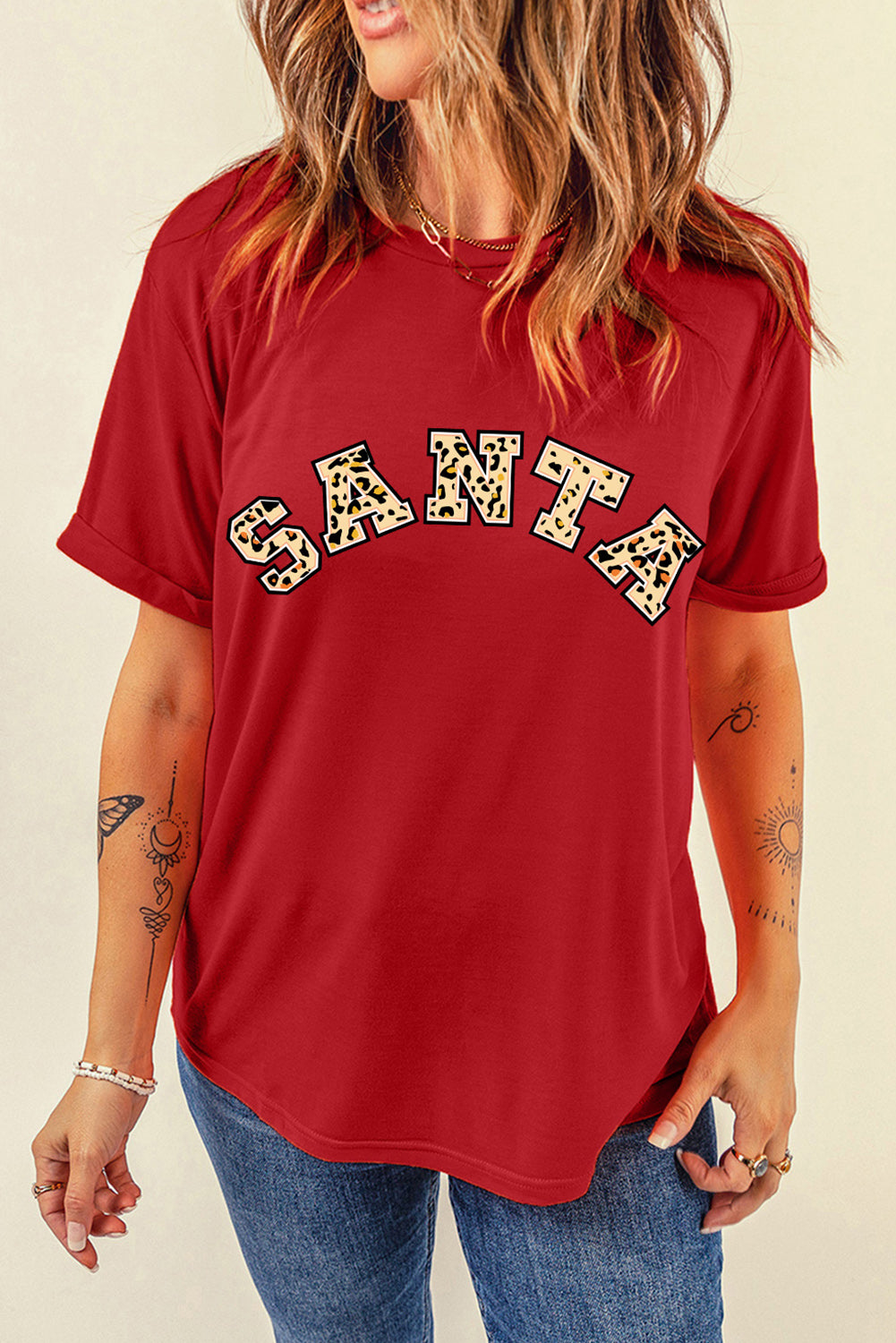 Red Leopard Printed SANTA Round Neck Graphic Tee