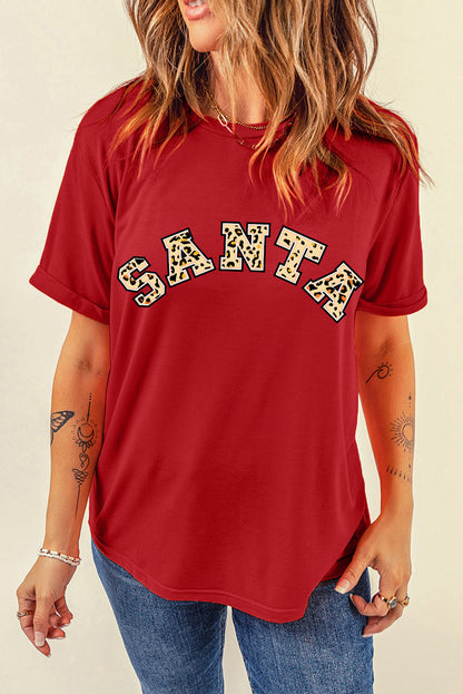 Red Leopard Printed SANTA Round Neck Graphic Tee