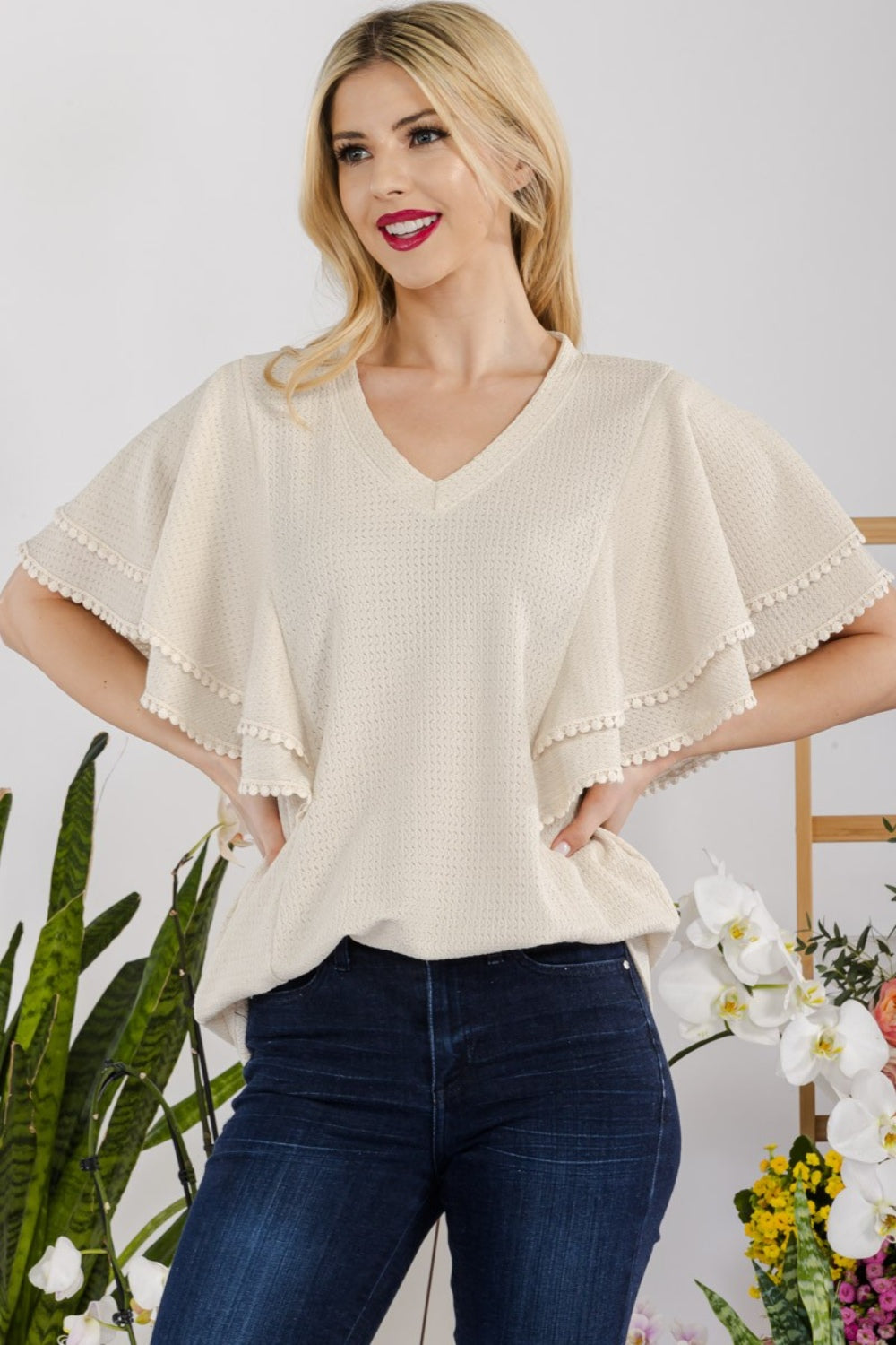 Celeste Full Size V-Neck Lace Trim Flutter Sleeve Top