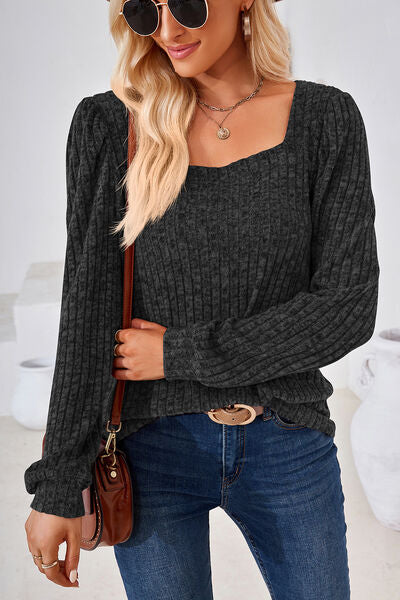 Ribbed Square Neck Long Sleeve T-Shirt