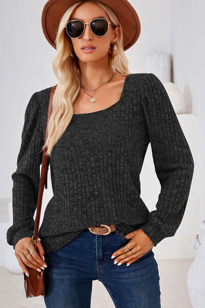 Ribbed Square Neck Long Sleeve T-Shirt