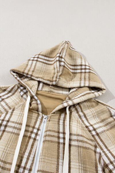 Drawstring Plaid Half Zip Raglan Sleeve Hoodie