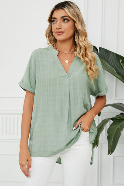 Ruched Notched Short Sleeve Blouse