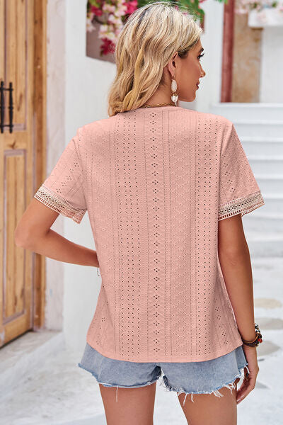 Eyelet V-Neck Short Sleeve T-Shirt