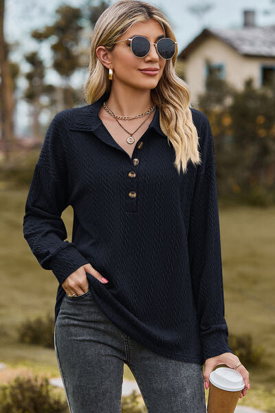 Half Button Dropped Shoulder Blouse