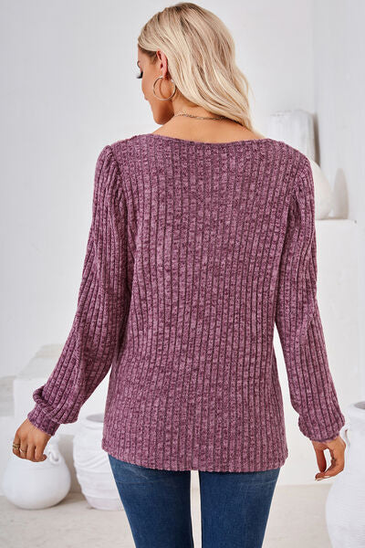 Ribbed Square Neck Long Sleeve T-Shirt