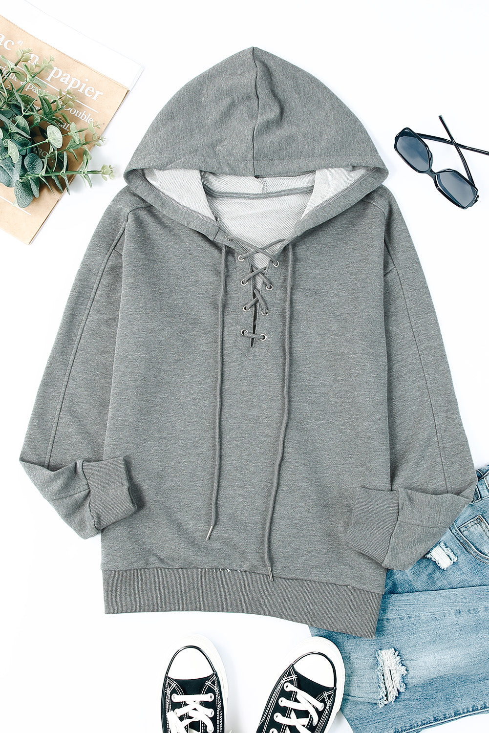 Lace-Up Dropped Shoulder Hoodie