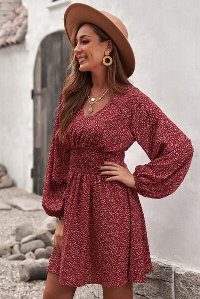 Smocked V-Neck Balloon Sleeve Dress