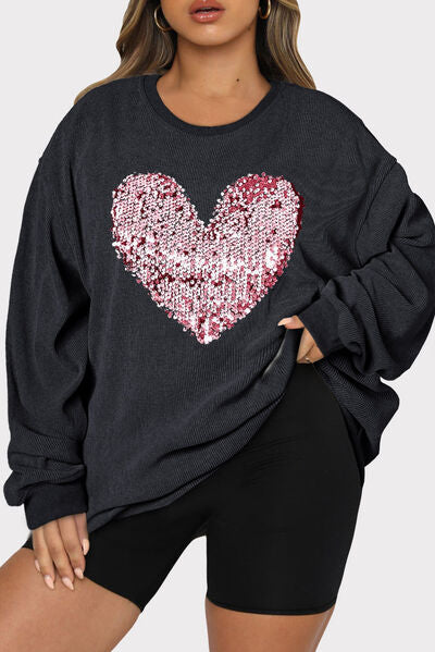 Plus Size Heart Sequin Round Neck Sweatshirt