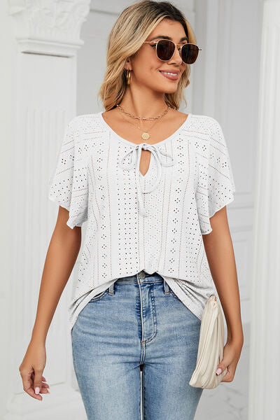 Eyelet Tie Neck Flutter Sleeve Blouse