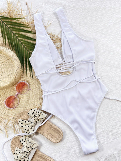 Ribbed Lace Up One-Piece Swimsuit