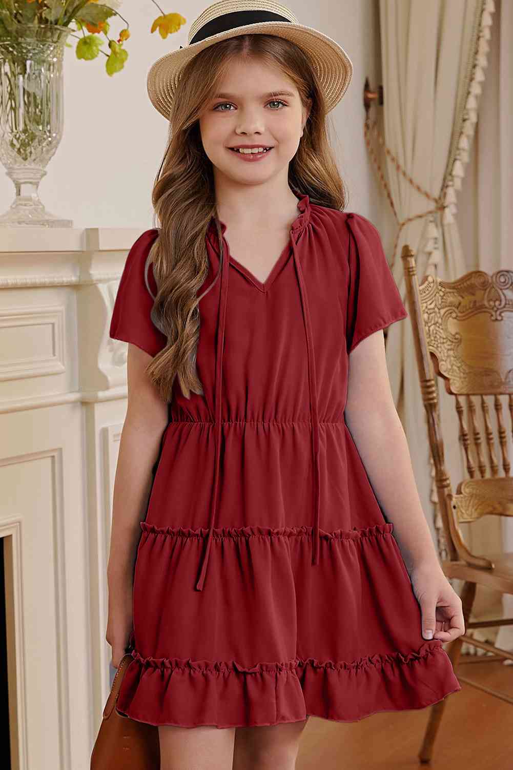 Girls Frilled Notched Neck Puff Sleeve Dress