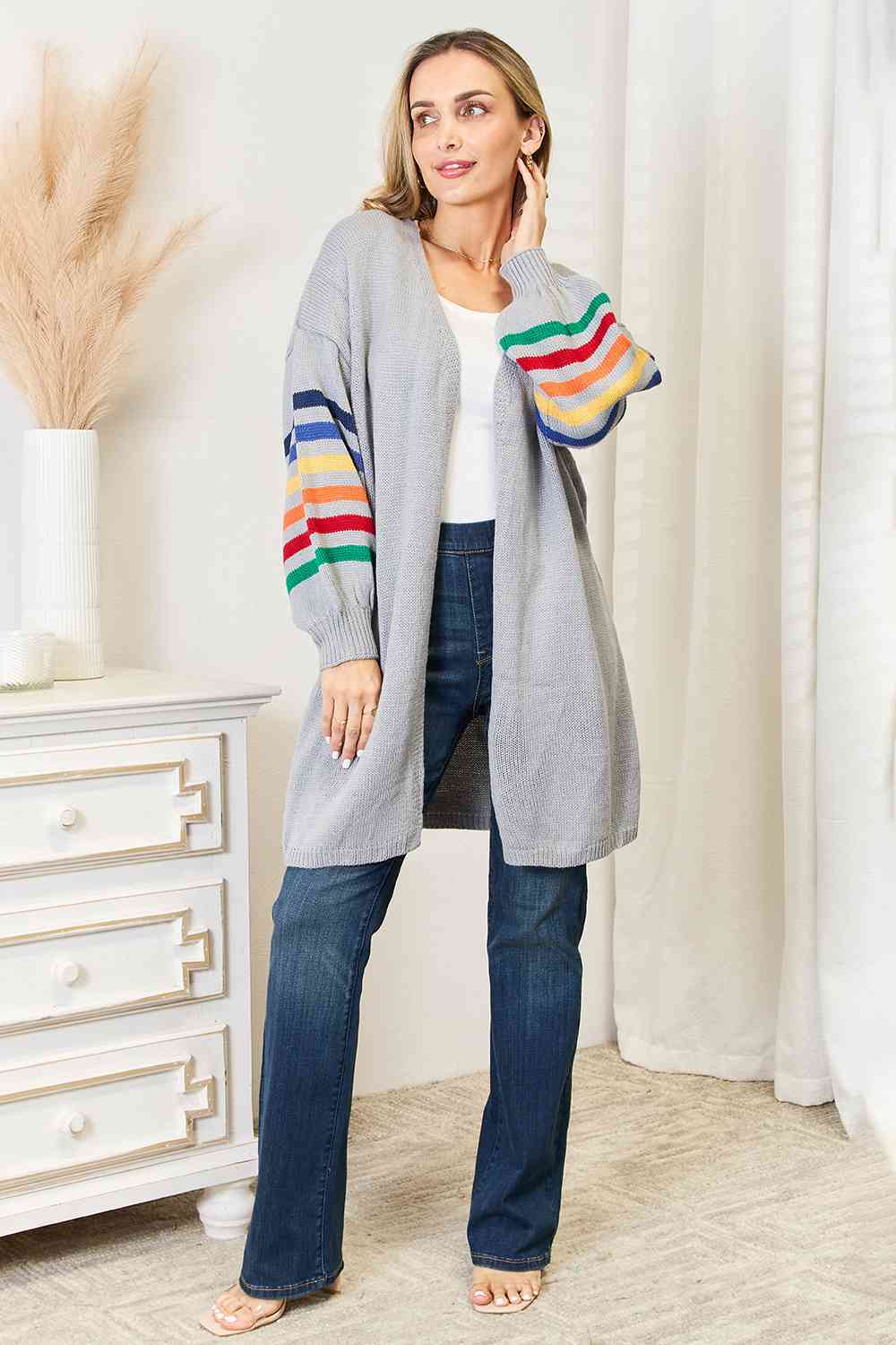 Double Take Multicolored Stripe Open Front Longline Cardigan