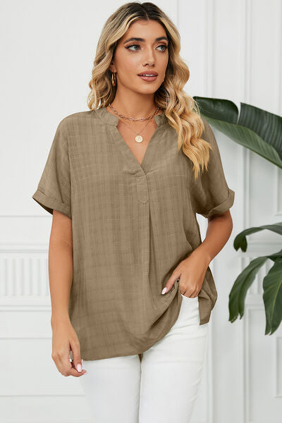 Ruched Notched Short Sleeve Blouse