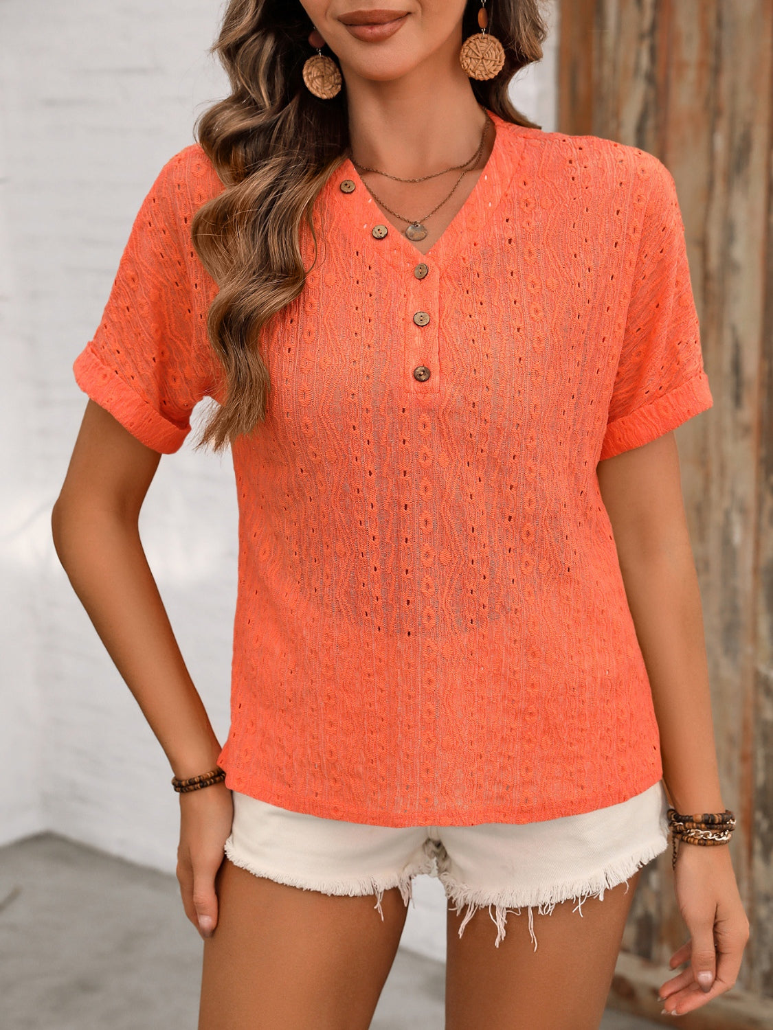 Eyelet V-Neck Short Sleeve Top