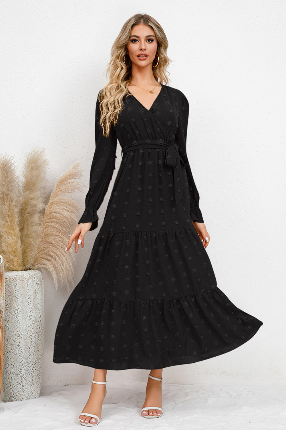 Swiss Dot Tied Surplice Flounce Sleeve Dress