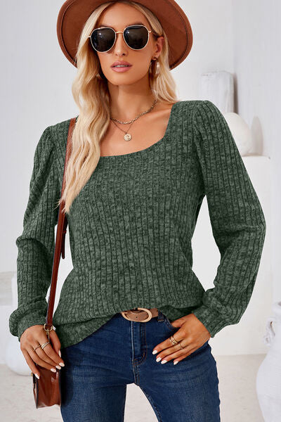 Ribbed Square Neck Long Sleeve T-Shirt