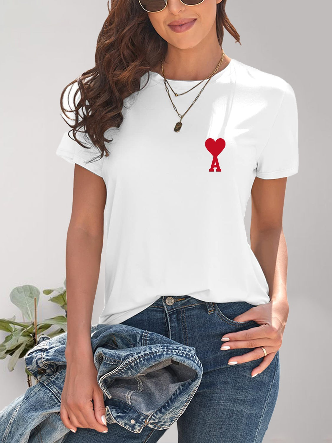 Heart Round Neck Short Sleeve T-Shirt