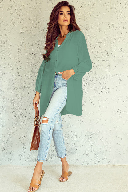 Notched Button Up Balloon Sleeve Longline Top