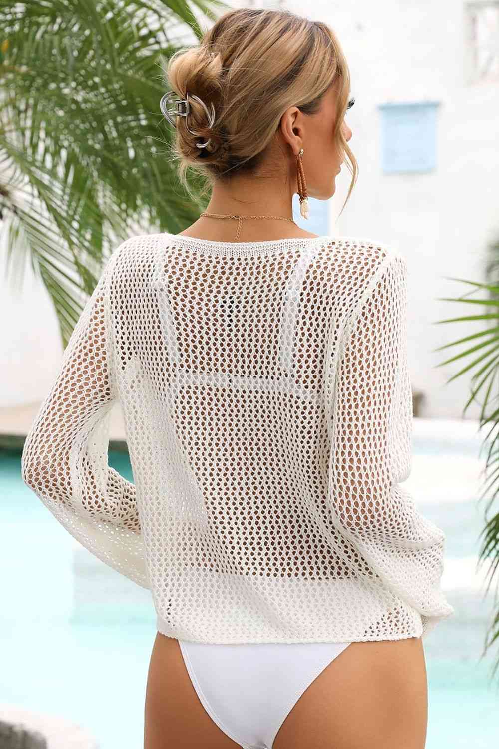 Openwork Scoop Neck Long Sleeve Cover-Up